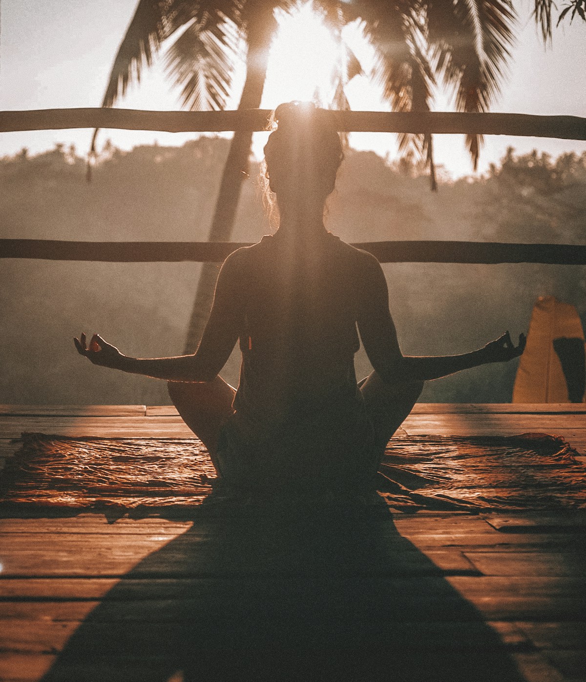 Personne en posture de yoga face à un paysage, symbole de vitalité et bien-être
